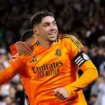 Federico Valverde celebrating hat-trick for Real Madrid at Santiago Bernabeu