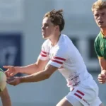 Lucas Friday practicing rugby passing drills at Harlequins