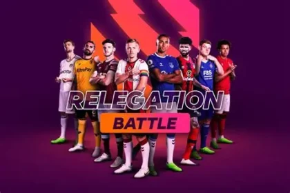 Premier League manager motivating players on the sidelines during a relegation battle.