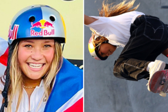 Sky Brown performing skateboarding trick during world championship final