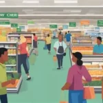 Small grocery store owner standing in aisle discussing pricing challenges against big supermarket chains.