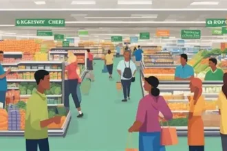 Small grocery store owner standing in aisle discussing pricing challenges against big supermarket chains.