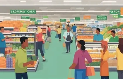 Small grocery store owner standing in aisle discussing pricing challenges against big supermarket chains.