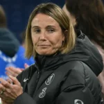 Sonia Bompastor reacting during Chelsea vs Arsenal Women Champions League match