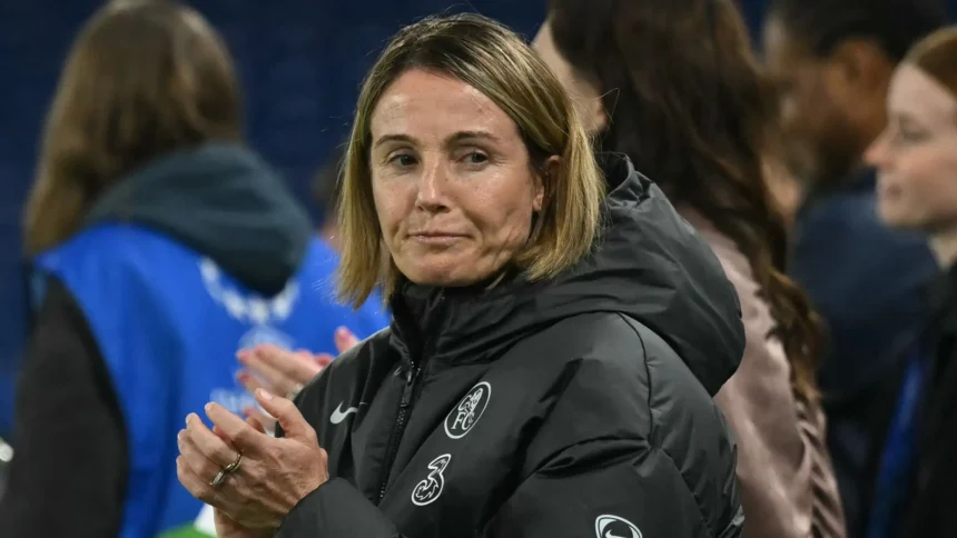 Sonia Bompastor reacting during Chelsea vs Arsenal Women Champions League match
