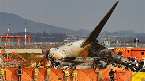 Investigators examine debris from the Jeju Air Flight 2216 crash at Muan International Airport.