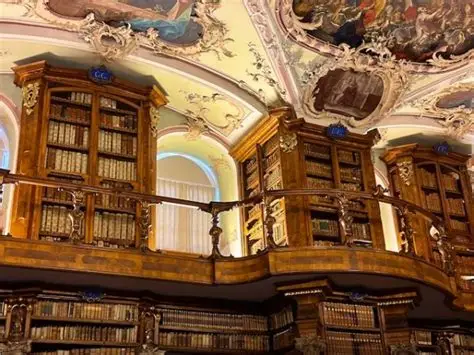 Interior of the Abbey Library of St Gallen with ornate wooden shelves and ceiling