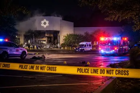 Police and emergency vehicles outside Temple Israel synagogue after a vehicle ramming incident in Michigan.