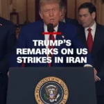 Donald Trump speaking as charts show declining approval ratings during Iran war
