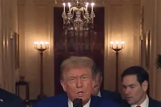 Donald Trump speaking as charts show declining approval ratings during Iran war