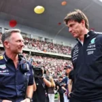 Christian Horner and Toto Wolff during a Formula 1 race weekend discussion