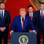 Donald Trump attending a NATO meeting while tensions rise over the Strait of Hormuz crisis.