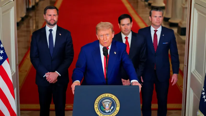 Donald Trump attending a NATO meeting while tensions rise over the Strait of Hormuz crisis.