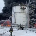 Satellite image showing fire and smoke at Russian oil facility after Ukraine strike