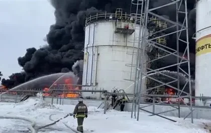 Satellite image showing fire and smoke at Russian oil facility after Ukraine strike