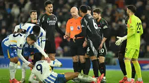 Mats Wieffer fouled in the box during Brighton vs Arsenal Premier League match