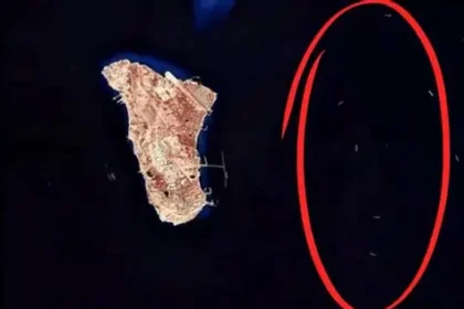 Aerial view of Kharg Island showing oil terminals and tanker facilities