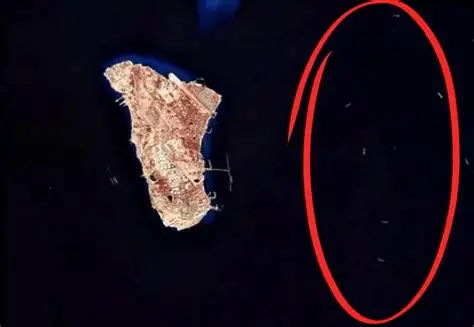 Aerial view of Kharg Island showing oil terminals and tanker facilities