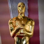 Oscar statuettes displayed during the 2026 Academy Awards ceremony.