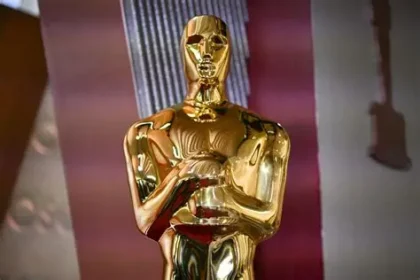Oscar statuettes displayed during the 2026 Academy Awards ceremony.