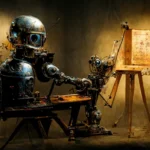 AI art masterpiece robot painting on canvas using artificial intelligence