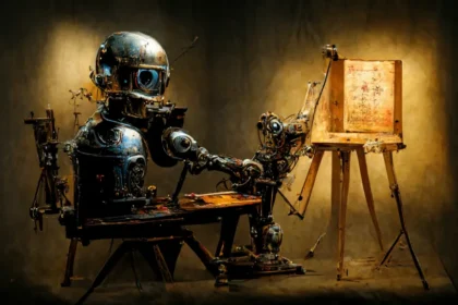 AI art masterpiece robot painting on canvas using artificial intelligence