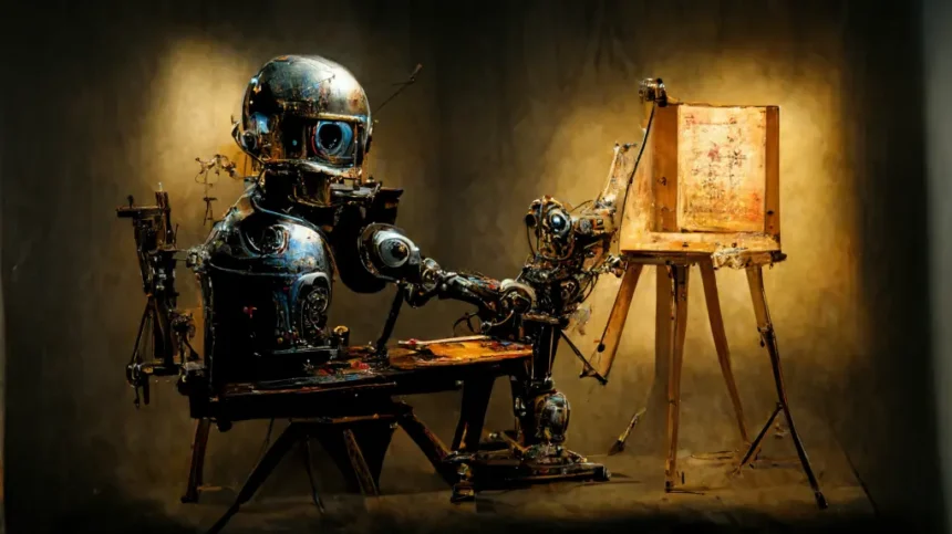 AI art masterpiece robot painting on canvas using artificial intelligence