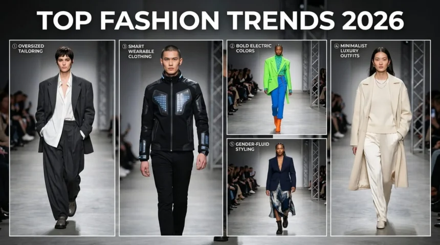 Top fashion trends 2026 including sustainable fashion, tech-infused clothing, bold colors and minimalist luxury