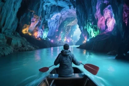 Secret world of underground travel glowing cave boat exploration