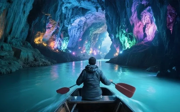 Secret world of underground travel glowing cave boat exploration