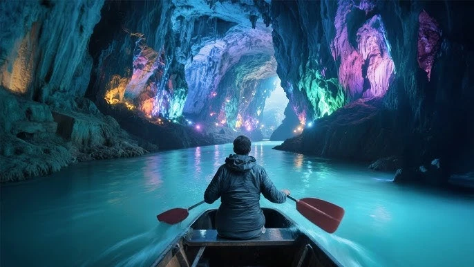 Secret world of underground travel glowing cave boat exploration