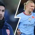 Arsenal and Manchester City players competing in a Premier League title race match at the Etihad Stadium