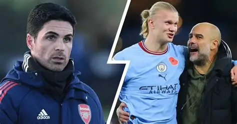 Arsenal and Manchester City players competing in a Premier League title race match at the Etihad Stadium