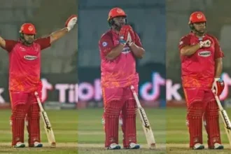 Azam Khan celebrates his explosive 74-run innings during Karachi Kings' PSL victory over Rawalpindiz, fist-pumping amid cheering teammates.