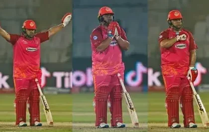 Azam Khan celebrates his explosive 74-run innings during Karachi Kings' PSL victory over Rawalpindiz, fist-pumping amid cheering teammates.