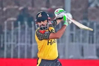 Babar Azam celebrating T20 century for Peshawar Zalmi in PSL match