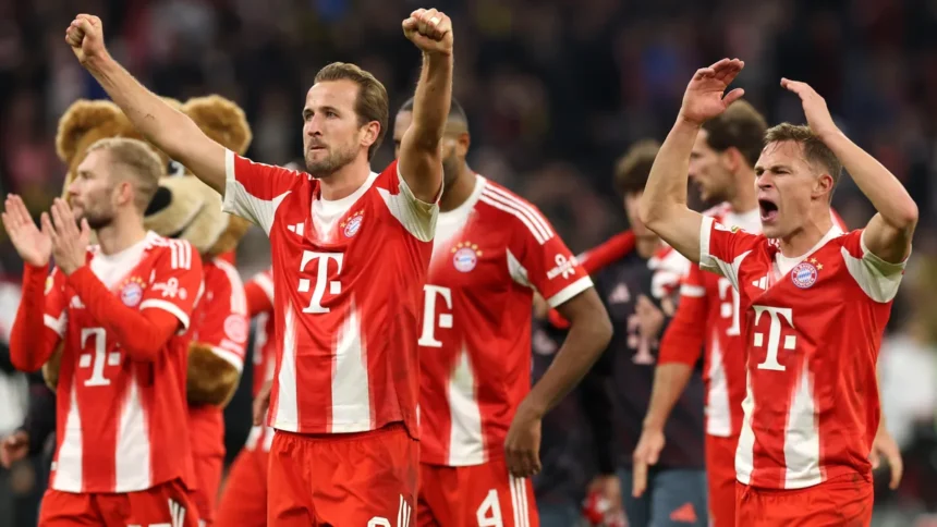 Bayern Munich players celebrating Bundesliga title win at Allianz Arena