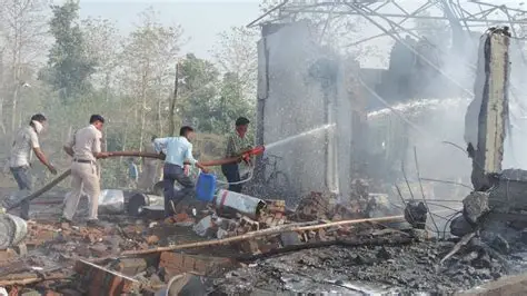 Fireworks factory explosion site in Tamil Nadu with debris and rescue teams
