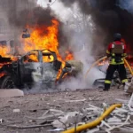 Damaged residential building in Kyiv after Russian missile strike