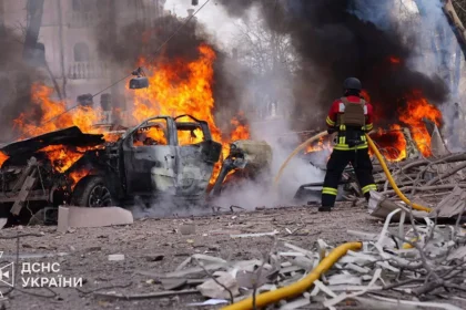 Damaged residential building in Kyiv after Russian missile strike