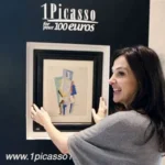 Picasso painting of a woman displayed in an art gallery with visitors observing it.