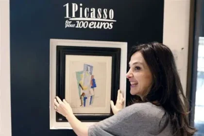 Picasso painting of a woman displayed in an art gallery with visitors observing it.