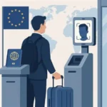Traveller scanning fingerprint at European airport under new biometric border system