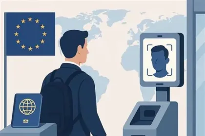 Traveller scanning fingerprint at European airport under new biometric border system