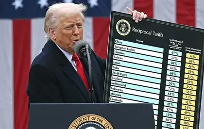 Trading floor screens display surging tariffs and shifting global trade routes one year after Trump's Liberation Day announcement.