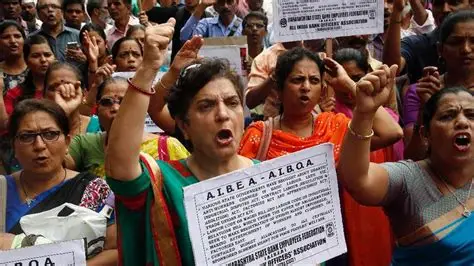 Factory workers protesting on streets in Noida India demanding higher wages