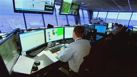Air traffic controller managing flights with radar screens, inspired by gaming skills