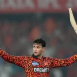 Sunrisers Hyderabad’s Abhishek Sharma celebrates his 135* against Delhi Capitals in IPL 2026 at Hyderabad