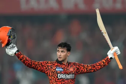 Sunrisers Hyderabad’s Abhishek Sharma celebrates his 135* against Delhi Capitals in IPL 2026 at Hyderabad