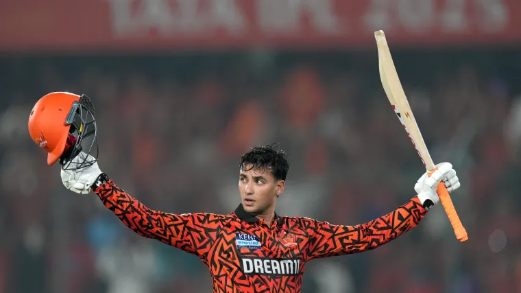 Sunrisers Hyderabad’s Abhishek Sharma celebrates his 135* against Delhi Capitals in IPL 2026 at Hyderabad
